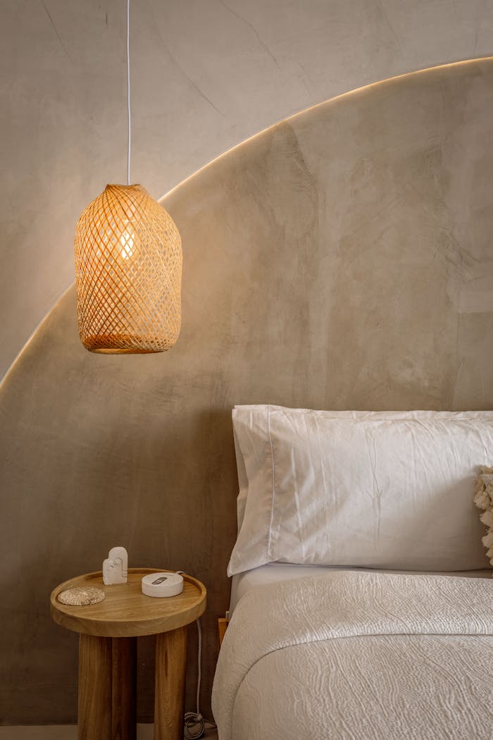 trusted-partner Elegant minimalist bedroom featuring woven lamp and soft white bedding.